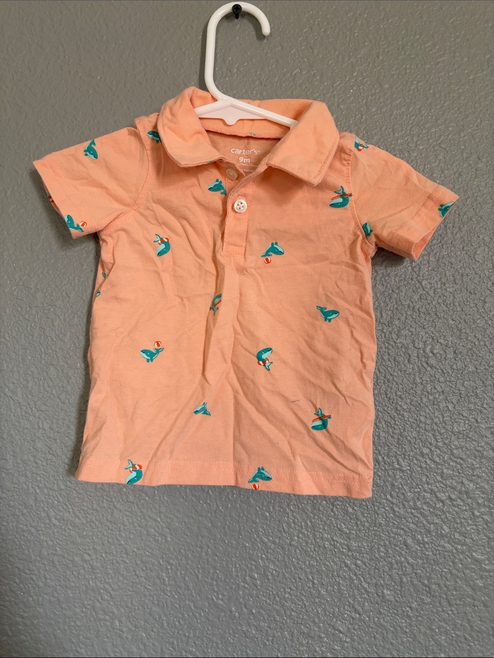 Peach Polo with Teal Whale Motif